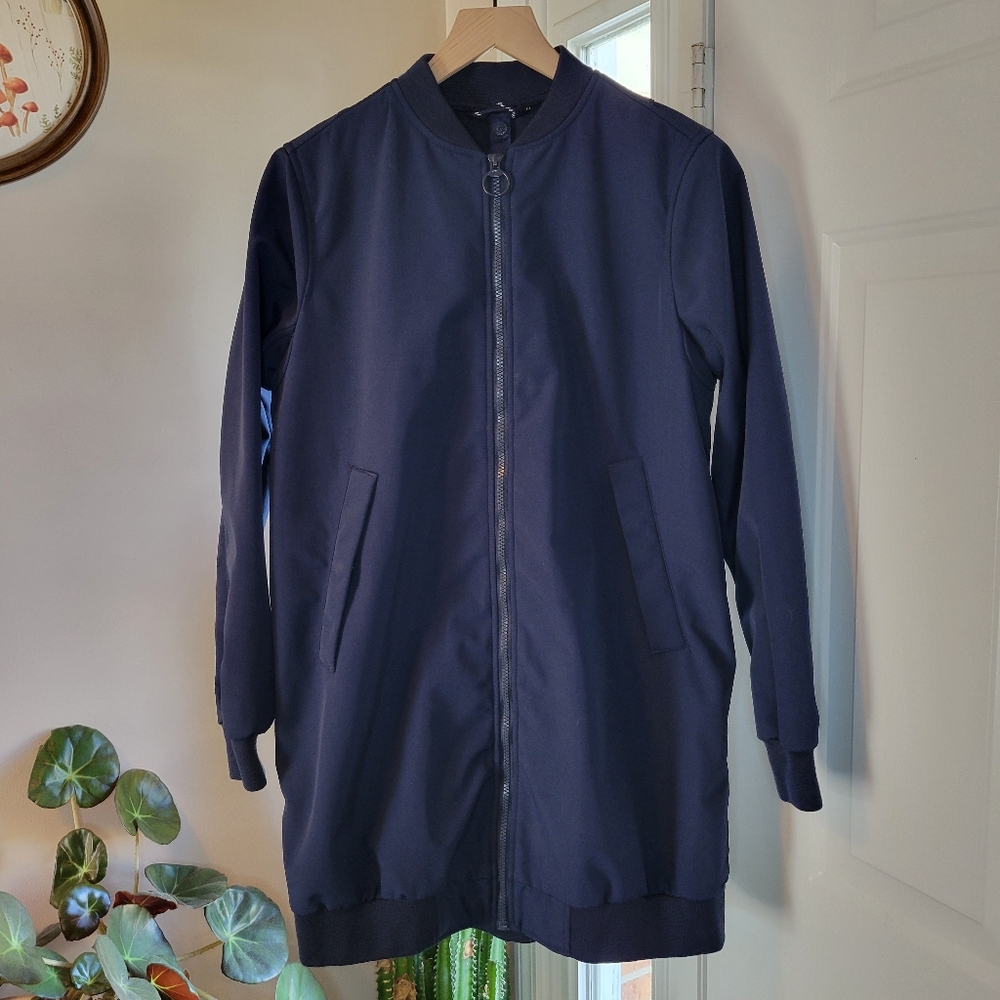 Lands' End Navy Blue Long Zip Up Blue Bomber Jacket, Size Womens Small 6-8
